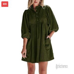 Corduroy Empire Waist Mini Dress 3/4 Sleeve Casual Fall Winter